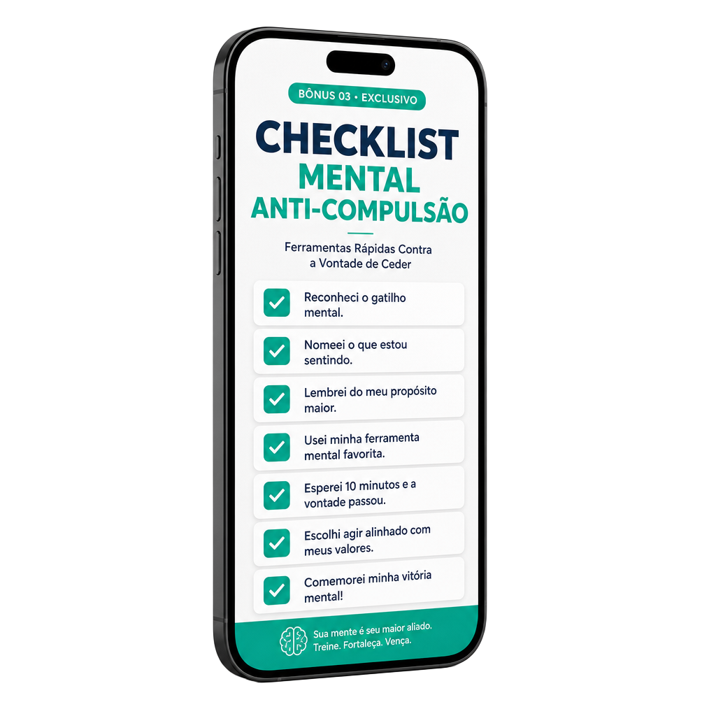 Celular exibindo a capa do bônus Checklist Mental Anti-Compulsão