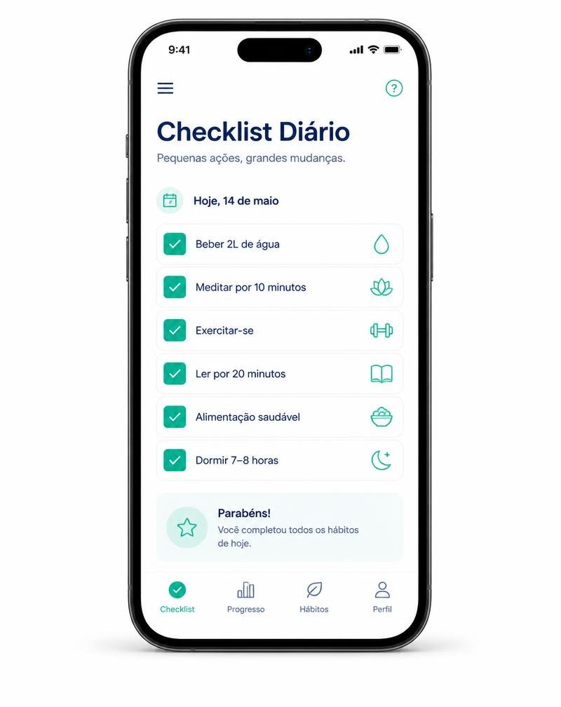 Celular exibindo a tela do Checklist Diário de Hábitos do app