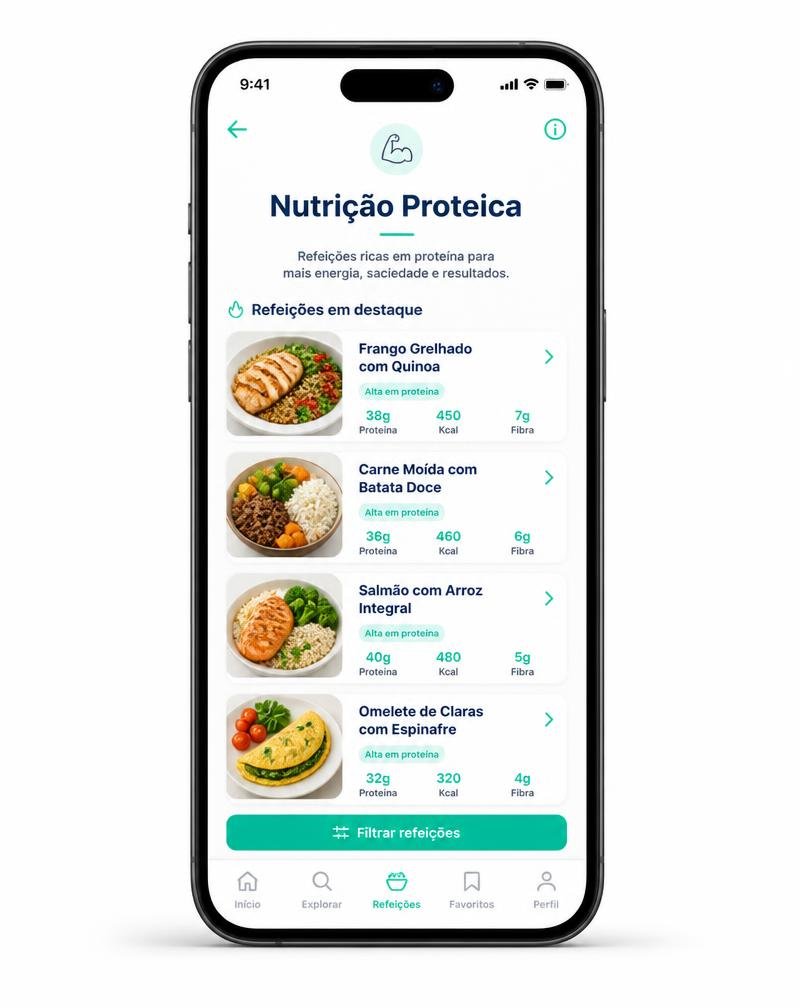Celular exibindo a tela de Nutrição Proteica do app
